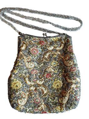 Vintage Walborg Hand Beaded Purse Evening Bag Multicolor Floral Kiss Lock 1960s